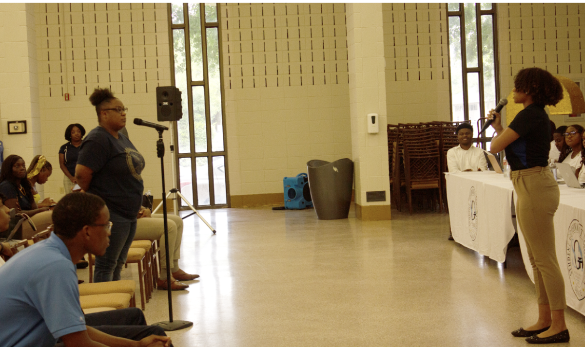 SGA President, Kennedy Orr rebuttals to a student's question during the Senate Meeting held on August 27 inside the Royal Cotillion Ballroom.  